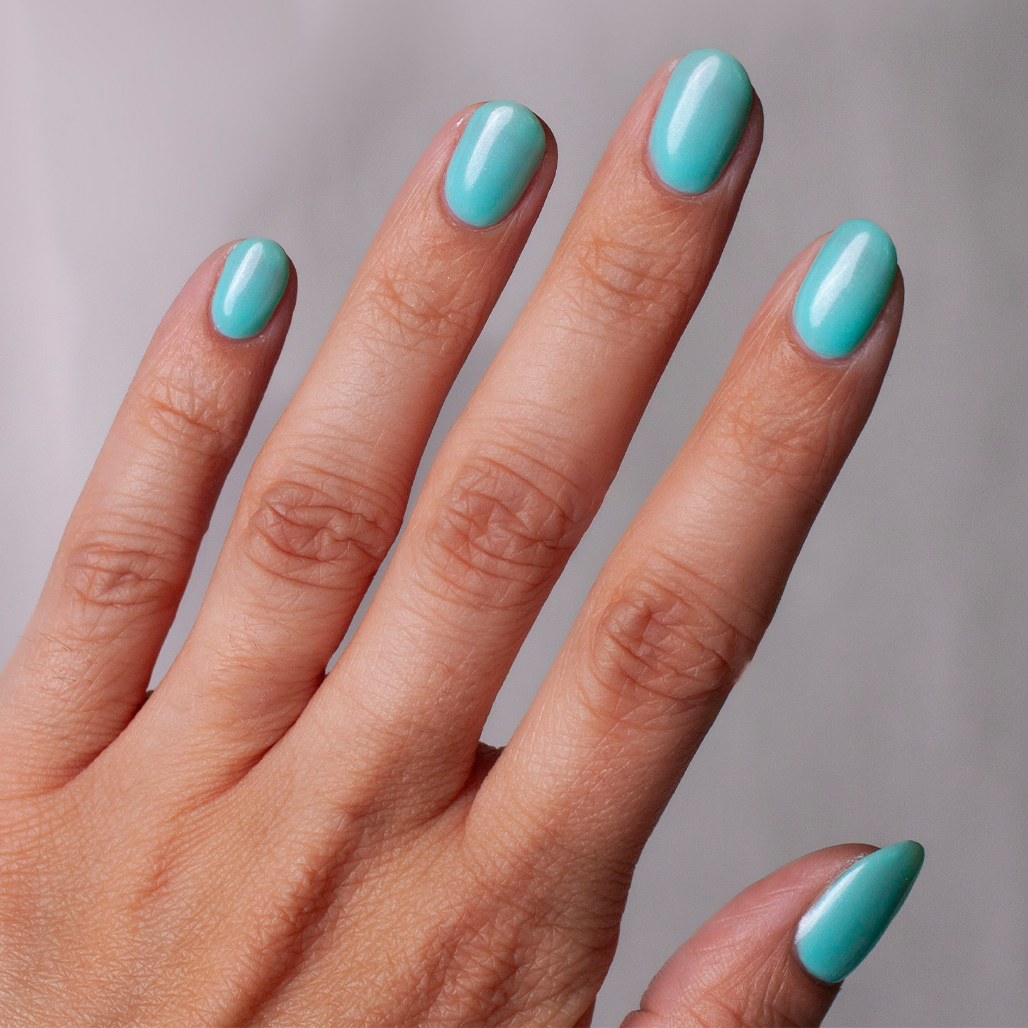 non toxic nail polish blue jade hand swatch