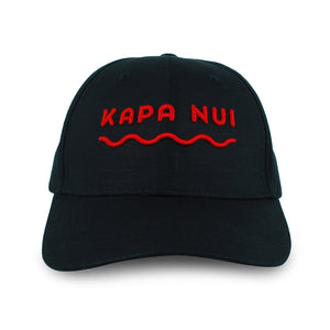 Hemp baseball cap hat branded Kapa Nui in black with red lettering