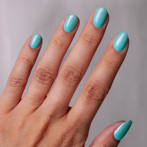 non toxic nail polish blue jade hand swatch 