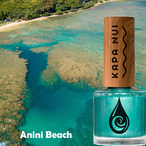 anini non toxic nail polish bottle next to anini beach scene