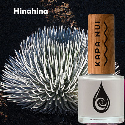 hinahina non toxic nail polish bottle next to grey cactus