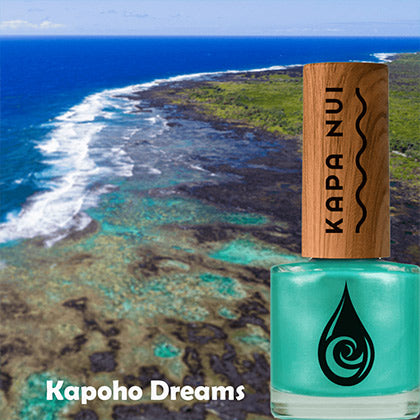 kapoho dreams non toxic nail polish bottle next to kapoho beach picture