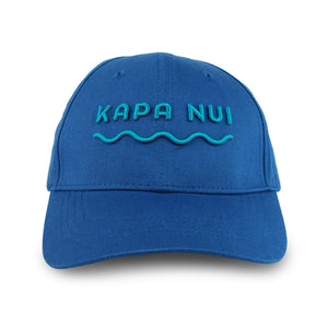 Hemp baseball cap hat branded Kapa Nui in medium blue with light blue lettering