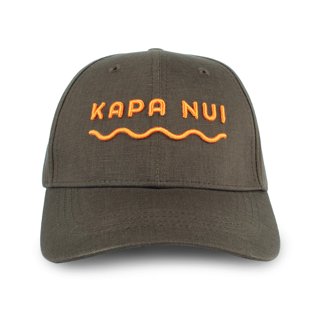 Hemp baseball cap hat branded Kapa Nui in dark brown with orange lettering