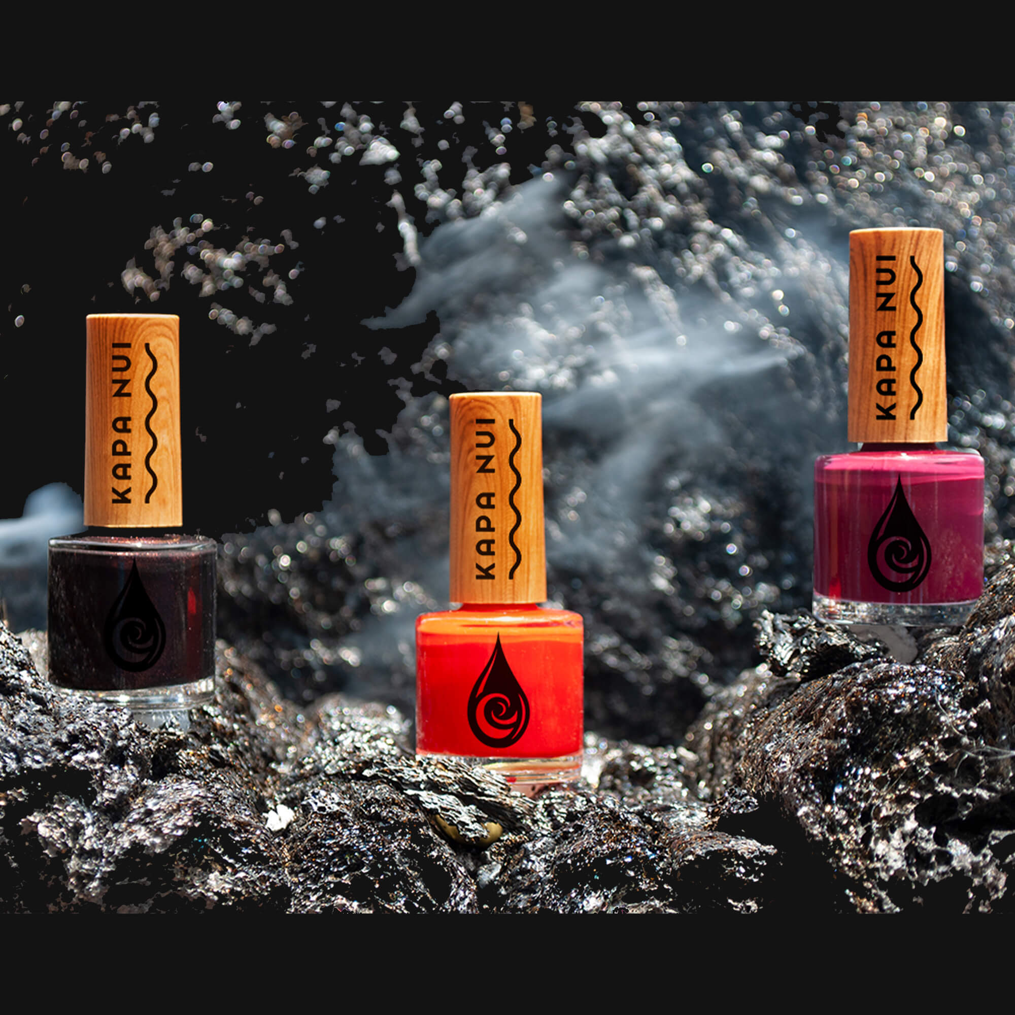 volcano collection non toxic nail polish bottles on lava rock