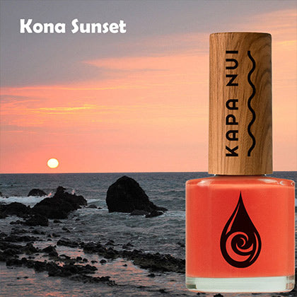 kona sunset toxin free nail polish bottle next to picture of kona sunset