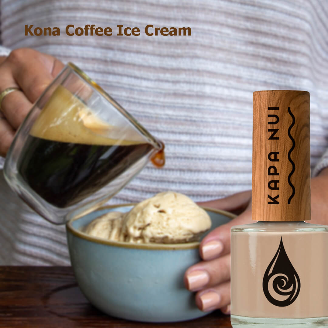 kona coffee ice cream non toxic nail polish bottle next to woman pouring kona coffee onto kona coffee ice cream.