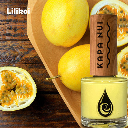 lilikoi water based nail polish bottle next to picture of yellow lilikoi fruit