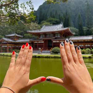 manta ray non toxic nail polish hands over Japanese garden