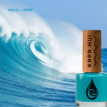 nalu non toxic nail polish bottle next to wave