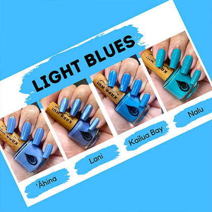 y side comparison of kapa nui non toxic nail polish blue colors