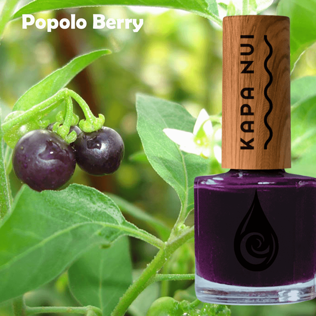 popolo berry non toxic nail polish bottle next to popolo berrys on the vine