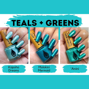 side by side comparison of kapa nui nail polish teals and green colors
