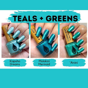 side by side comparison of kapa nui nail polish teals and green colors